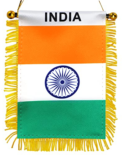 Anley 4 X 6 Inch India Fringy Window Hanging Flag - Mini Flag Banner & Car Rearview Mirror Décor - Fringed & Double Sided - Indian Hanging Flag with Suction Cup
