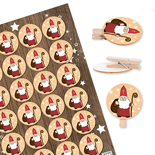 Logbuch-Verlag 24 Dekoklammern Heiliger Nikolaus Aufkleber - Holz Klammern mini Wäscheklammern Nikolausgeschenk