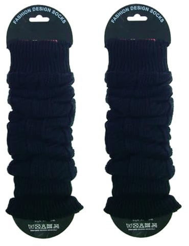 2 x Naturlig Lammull Kvinnor Benvärmare - Blandning av Lammull och Polyamid - Kabelstickad - En Storlek - Lyxig Kall Vinter (2 x Svart)