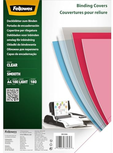 Fellowes Lot de 100 couvertures de reliure en PET transparent 180 microns (A4)