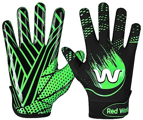 RED WORLD Football Gloves for Kids, Youth and Adult, Receiver Gloves for Boys and Girls, Men and Women, Enhanced Performance (Green, Youth Large)