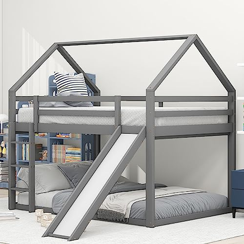 Idemon Cama doble para niños, cama litera con tobogán y escalera, para habitación infantil, cama alta y doble, 140 x 200 cm (gris)
