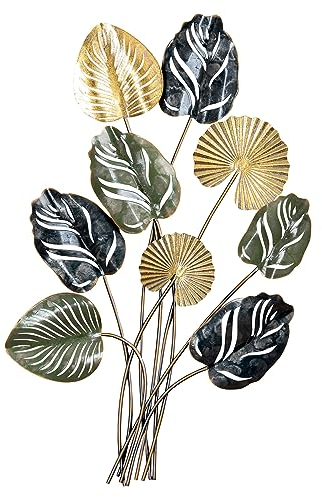 levandeo Monstera Metall Wandbild H86cm Gold Grün 3D Metallbild Wandkunst Metall Blätter Wanddeko Deko Industrial Design Floral