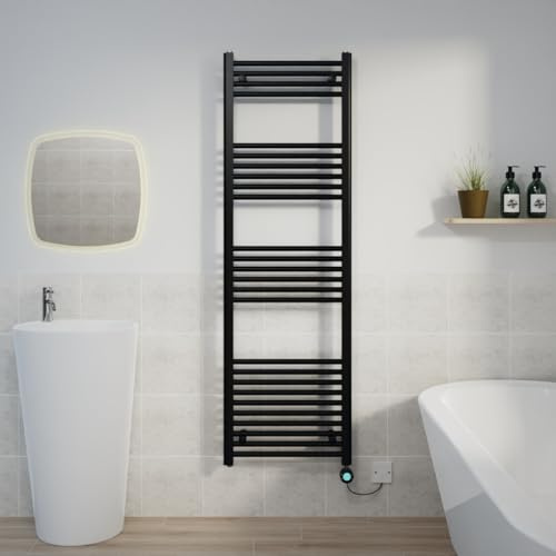Warmehaus Black Electric Straight Thermostatic Towel Radiator 1600x500mm | Timer, Prefilled, LCD Display, Child Lock, Dual Fuel, Mild Steel, Wall Mounted, Bathroom Ladder Towel Warmer