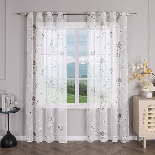 Delien Voile Ausbrenner Gardine mit Ösen Blumenmuster B140 x H175 cm, Weiß | 1 Stück,Elegantes Burnout-Blumenmuster,Transparenter Vorhang,Wohnzimmer Gardinenschals,Leicht,Luftig,Modern Stores