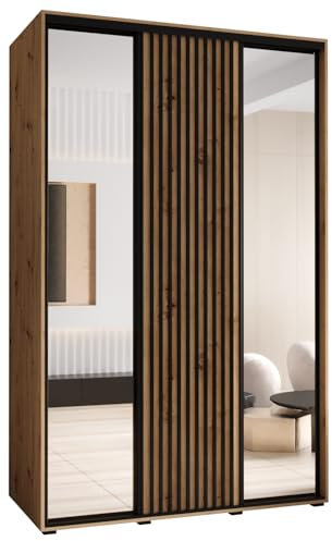 MEBLE KRYSPOL Sapporo 2 Moderner Schrank mit DREI Schiebetüren mit Spiegel, Stange, Regalen - Aufbewahrungsschrank für Schlafzimmer, Wohnzimmer - 205,2x160x60 cm - Artisan Artisan Schwarz