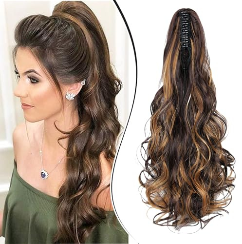Dcbaboo Hästsvans, hårdel, fläta, förlängning med klämma, vågig lång ponytail förlängningar, hårförlängning, klipp, syntetisk, vågig hästsvans, hårförlängning, fläta, 45 cm, mellanbrun och mörkblond