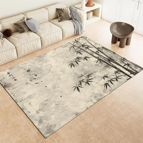 Kurzflor Teppich Tuschemalerei Bambus Waschbar rutschfest Teppich, Weich Flauschig 140 x 200 cm Mit TPR Anti-Rutsch-Rücken Für Wohnzimmer Schlafzimmer Esszimmer