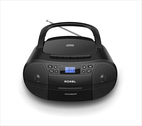 Roxel RCD-S90C Boombox Lecteur CD et cassette portable avec radio FM, lecture USB, entrée AUX, streaming BT, prise casque et deux options d'alimentation