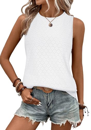 Zeagoo Camiseta sin mangas para mujer, camiseta de verano sin mangas, cuello redondo, blusa ligera e informal, top básico, Blanco, M