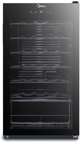 Midea Cantinetta Vino MDRW150FGG22, 34 Bottiglie, 1 Zona 5℃-18℃, Display Touch, Silenziosa 40 dB, Vetro Anti-UV, LED 3D, Installazione Libera, 47x44x84.5 cm, Nero