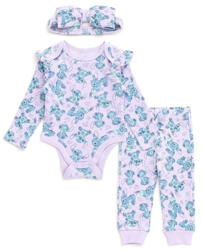 Disney Body côtelé 3 pièces pour bébé fille, pantalon de jogging et bandeau, tailles nouveau-né à nourrisson (nouveau-né à 24 mois), Lavande, Stitch, 6-9 mois