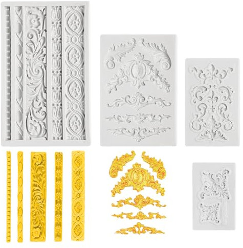 4 Pack Fondant Silicone Moulds, 3D Baroque Silicone Moulds, Vintage Border Embossed Lace Molds Retro Fondant Cake Molds for Fudge, Cake, Chocolate, Dessert Decoration DIY