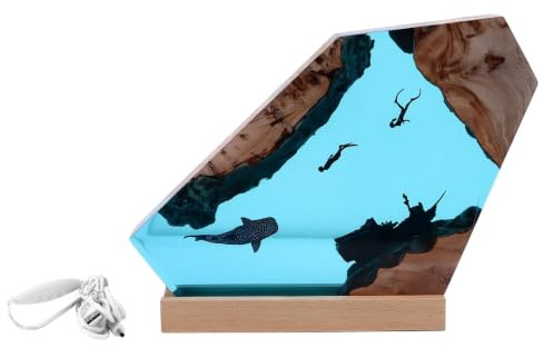 3D Harz Ozean Tier Figuren Nachtlicht Ornamente mit Holz Sockel USB-Kabel, Epoxidharz Marine Statue LED Nacht Lampe Für die Dekoration von Homeoffice und Studentenwohnheim, Einzugsgeschenk