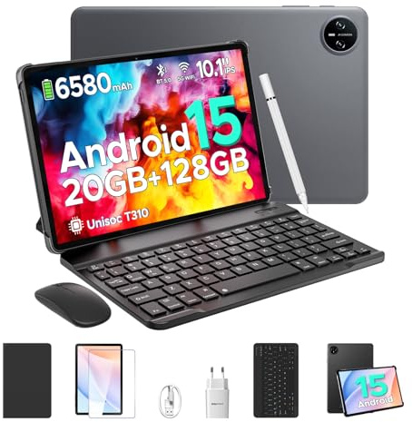 DOOGEE Tab A9 Pro Android 15 Tablet 10 Zoll 20GB RAM + 128GB ROM(2TB TF) Unisoc T310 6580mAh 8MP + 5MP Tablet mit Tastatur, Stift, Maus, Hülle, Schutzfolie/Face ID/ 5G WiFi/ 3,5mm Kopfhörerbuchse