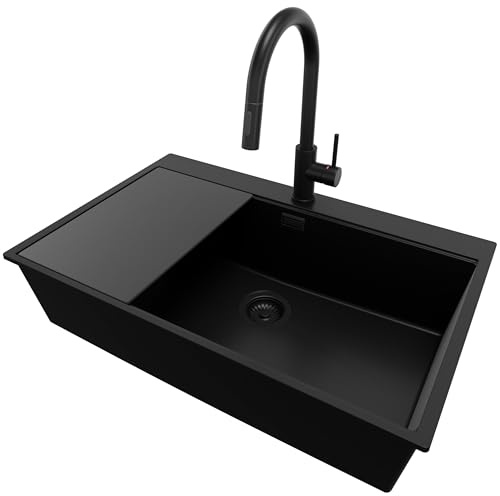 PRIMAGRAN Lavandino da Cucina al Mobile 80cm + Rubinetto, 78x50cm | Set: Rubinetto BW9010 + Kit di scarico + Tagliere + Lavello in Granito a 1 Vasca - Oslo Top, Tutto Nero