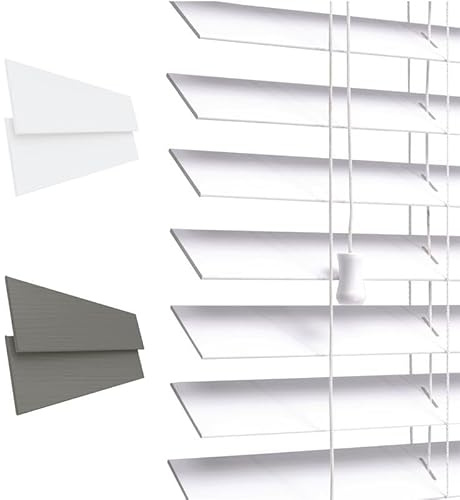 Funky Gadgets Custom Made to Measure Faux Wood Venetian Blinds Faux Wooden Blinds window Venetian Blind 50mm Horizontal Smooth slats with White String Child Safe (White, W195cmxL150cm)
