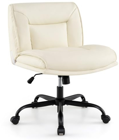 COSTWAY Skräddarstol med hjul, snurrstol utan armstöd, skrivbordsstol med bred sits, konstläder kontorsstol, sminkstol, höjdjusterbar, vippfunktion, modern, beige
