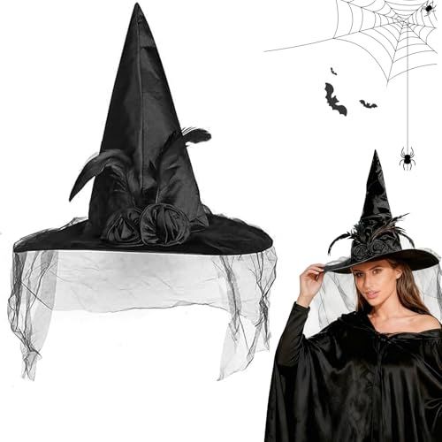 Halloween Hexenhut, Schwarz Hexenhut Damen mit Schleier Rosen Federn, Hexen Hut mit Schleier, Halloween Zauberer Hut Damen, Halloween Köstum Zubehör Erwachsene Kinder für Cosplay Karneval Party