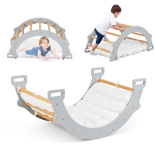 HOMASIS Kletterbogen mit Kissen, Holz Klettergerüst Indoor, Montessori Holzwippe Bogenwippe zum Wippen & Klettern, Picklerdreick Baby, Kletterdreieck Klettergeräte für Kinder ab 3 Jahre (Grau)