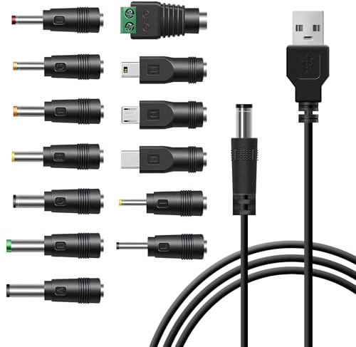 Leloco Universal Ladekabel USB auf DC 5V Adapter mit 13 Steckern | Netzkabel für Router, Rasierer, LED Lenser & TV Box. Inkl. 13 Hohlstecker-Adapter. Flexibel, langlebig & universell
