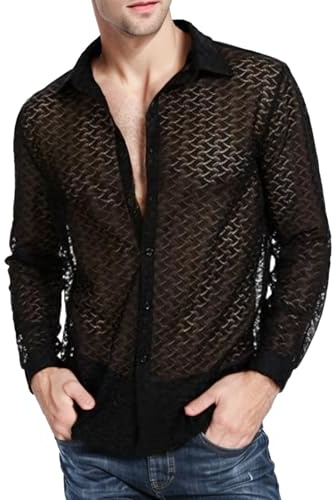 Caxndycing, camicia da uomo in rete trasparente con scollo a V, top nero sexy, camicia in mesh, camicie in rete, sottocamicia sexy a maniche corte trasparente, blusa per clubwear, individualità