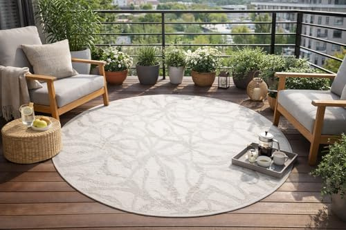AKCILA Haga, Runden, Sisal, Blumen, 140 cm, modernes Muster Outdoor Teppich, Balkon Carpet,Tepich für Terrasse, Teppiche aussenbereich wetterfest