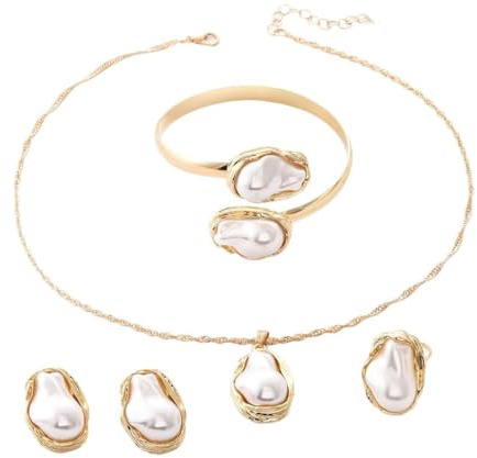 SanKristo Conjuntos de Joyas Bohemias Geométricas con Perlas Pulsera, Collar, Pendientes y Anillo Conjuntos de Joyas para Mujer Chapados en oro de 14 Quilates, Oro