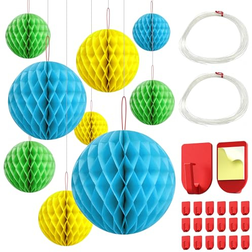 BREANIFULL 18er Papier Wabenball Dekoration Seidenpapier Honeycomb Balls mit 40 Metern Fischfeil und 20 Haken Papier Wabenbälle Hängende Seidenpapier Honeycomb Balls for Party Dekoration