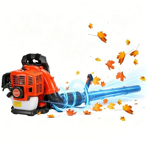 52CC Benzin Laubbläser rückentragbar, 1,7 PS 6800 U/min 550 CFM, 2-Takt Laubbläser Benzin, mit komfortablem Tragegurt und 1,2 L Kraftstofftank, für große Flächen (Orange 2-52cc)