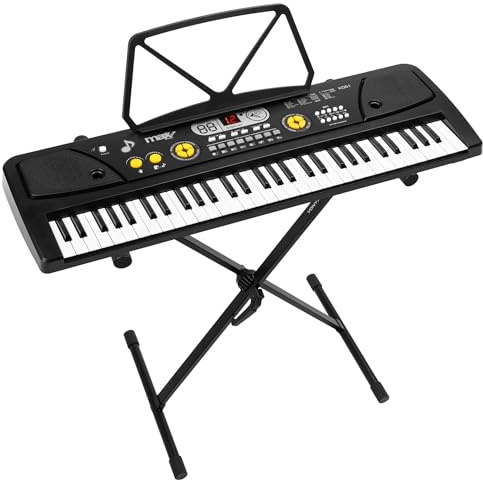 MAX KD61 Pack – Teclado electrónico infantil 61 teclas con soporte de teclado, batería recargable, micrófono, display LED, ritmos, acordes y funciones de aprendizaje para principiantes – Color negro