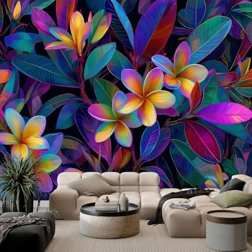 Ilustración Digital Papel Tapiz Fotográfico Plantas Tropicales Gardenia Frangipani Fotomurale 200 x 140 cm, Art Mural Negro Papel Pintado Fotomural - Cafe Restaurant Dormitorio Hoga Murales Decoración
