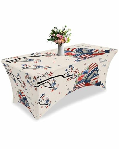 jdudh 8ft Stretch Spandex Tablecloth,Independence Day Dwarfs Fitted Table Cover for Rectangular Tables,Opium Poppy on Retro Linen Wrinkle Free Table Cloths for Wedding,Party,Banquet