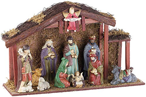 PEARL Krippen: Große Weihnachtskrippe mit 11 Porzellan-Figuren, LED-Beleuchtung (Weihnachtskrippe beleuchtet, Krippe Weihnachten mit Beleuchtung, Krippenbeleuchtung)