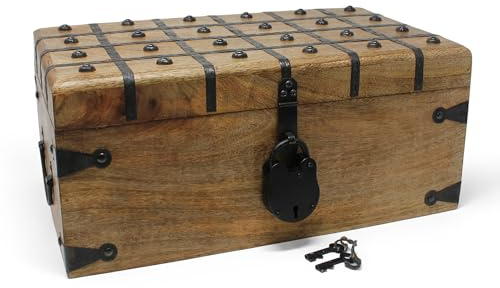 Nautical Cove Treasure Chest Wooden Box with Antique Iron Lock and Skeleton Key (X-Large 17x10x7.5) - Storage and Decor – Pirate Wooden Treasure Chest, Decorative Box with Hinged Lid,