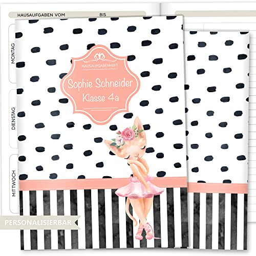 OLGS Hausaufgabenheft Hülle Creative Royal inkl. Heft Schulheft Schutzhülle Umschlag Geschenkidee Einschulung personalisierbar mit Namen und die Schulklasse (personalisiert, Katze Ballerina)