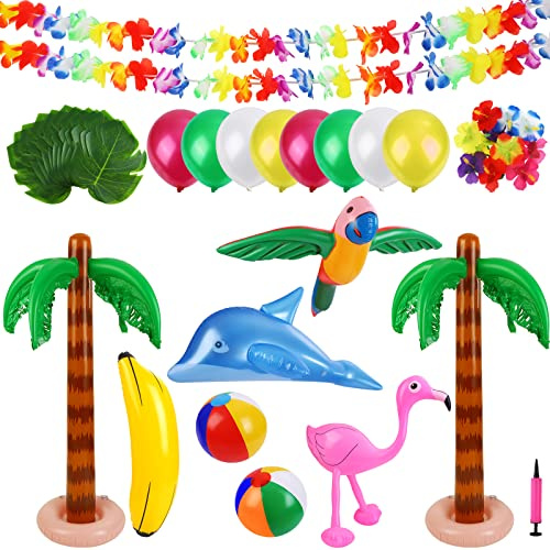 Ruisita 57 Pieces Inflatable Luau Party Set Includes Inflatable Palm Trees Banana Beach Balls Flamingo Toys Flying Parrot Dolphin for Hawaii Luau Beach Party Decor