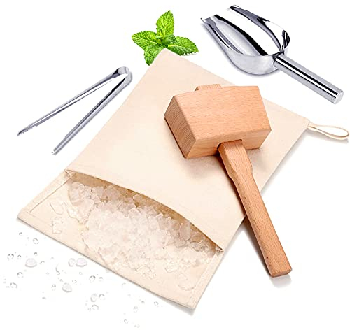 Lewis Bag and Wooden Mallet Crusher, Reusable Canvas Crushed Ice Bags,Wooden Mallet Bar, Steel Ice Scoop and Ice Tongs, for Summer Bartender Kit & Bar Tools Kitchen Accessory