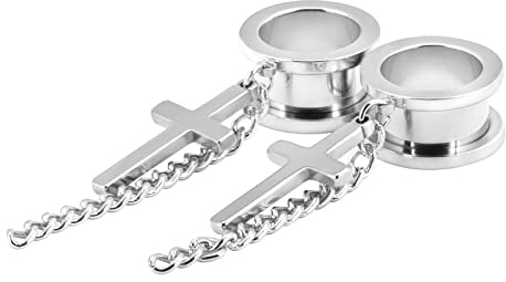 Longbeauty 2 Stück Edelstahl Tunnel Kreuz 316L 6-16MM Fleshtunnel Ohrtunnel Ohr Plugs Gauges Tunnel Mit Anhänger Set Silber Expander Dehnschmuck Körperschmuck Herren Damen
