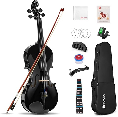 Vangoa Violín acústico 4/4, violín acústico de tamaño completo para principiantes y adultos, kit de iniciación con funda dura, colofonia, reposamuñecas, arco, cuerdas adicionales, silencio, negro