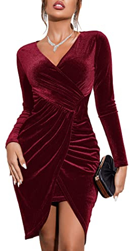 Zeagoo Vestido de Terciopelo para Mujer, Manga Larga, Elegante, Cuello en V, Cintura Alta, Bodycon Vestido de Fiesta, Brillante, borgoña, L