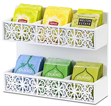 QILICZ Organizer Verticale in Legno per Bustine di Tè, Stile Vintage con Motivo Traforato, Contenitore per Zucchero