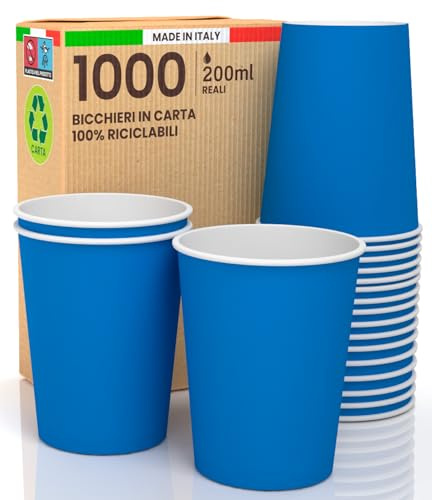 Baciato Caffè 1000 Bicchieri in Carta Color BLU 200ml Ecologici Biodegradabili Monouso Made in Italy da Asporto Bevande Calde Acqua - Prodotto e confezionato in Italia