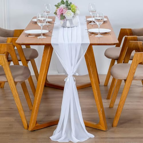 YUNSHANGHE Modern Chiffon Tischläufer, 70x600 cm Abwaschbar Tischdecke, Hochzeit Dekoratives Tischband aus Stoff, Table Runner, Tischdekoration für Hochzeit Geburtstage Kommunion (Weiß)