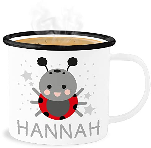 Geschenk mit Namen personalisiert by Shirtracer Emaille Becher Blechbecher - Marienkäfer Bild und Dein Name - 300 ml - Weiß Schwarz - personalisierte junge spülmaschinenfest kinder kindergarten kind