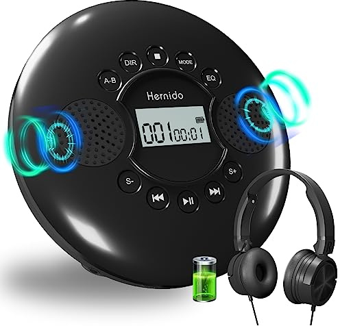 CD Player Portable, Hernido Portable CD Player for Car with Stereo Speakers, Rechargeable Walkman CD Player with Headphone, AUX, USB, Anti-Skip/Shockproof Discman for Home/Traval