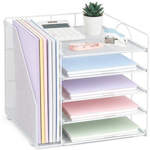 LEKETREE Organizador de escritorio y accesorios, bandeja de papel de 5 niveles con soporte para archivos, accesorios de escritorio de oficina y espacio de trabajo, blanco