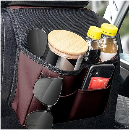 JNNJ Bolsa de Cuero PU para El Asiento del Coche, Organizador para Colgar En El Asiento Trasero del Coche, Multiusos Bolsillo Almacenamiento para Auto, Interior Accesorios Auto (Marrón Rojo)