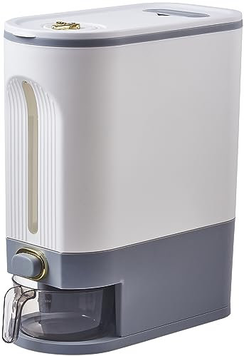 Sooyee 22 Lbs Rice Dispenser, Large Grain Container Storage with Lid Measuring Cylinder Moisture Proof Household Cereal Dispenser Bucket for Kitchen Soybean Corn,White and Grey