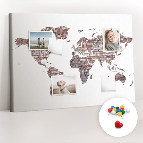 Tulup Korkbrett 60x40 cm Leinwand Pinnwand Groß Korkwand für Zimmer Notiztafel - Ziegelkarte der Welt